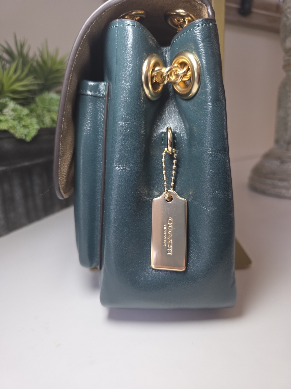 Coach Elodie Dark Teal Smooth Leather Crossbody/Shoulder Bag Gold Chain NWT - Picture 5 of 15